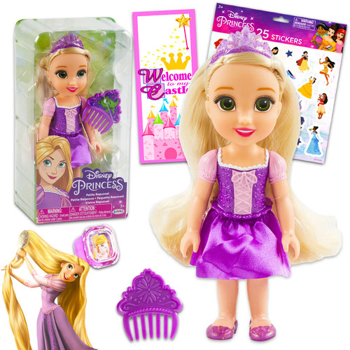 Disney Princess Rapunzel Doll and Comb Set ~ 4 Pc Tangled Toy Bundle with Rapunzel Doll for Girls, Stickers, and More (Disney Tangled 6 Inch Petite Figure for Kids, Toddlers)