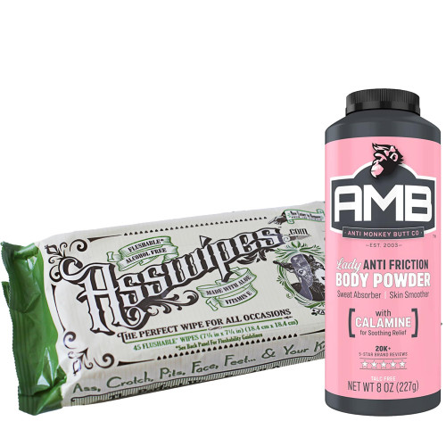 Fresh Body FB Asswipes and Lady Monkey Butt Bundle: Lady Anti-Monkey Powder, 8oz with Calamine and Asswipes Flushable Wipes with Aloe and Vitamin E