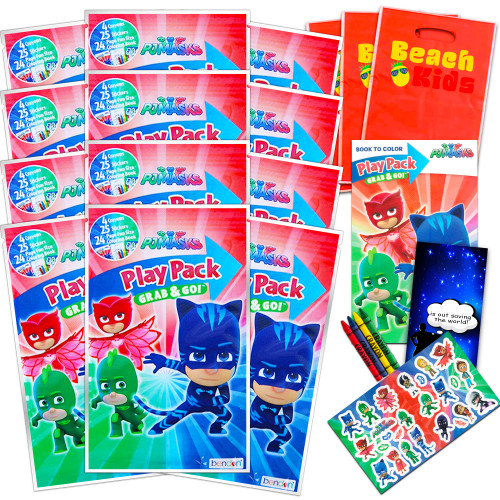 PJ Masks Party Favors Pack ~ Bundle of 12 PJ Masks Play Packs Filled with Stickers, Coloring Books, Crayons, Loot Bags (PJ Masks Party Supplies)