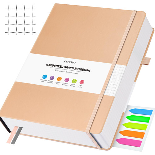 OFFIGIFT Graph Paper Notebook, 312 Numbered Pages B5 Hardcover Leather Journal, 100gsm No Bleed Grid Paper Notebook with Index Pages, Grid Notebook for Graphing Notes Math, 7.6'' X 10'', Pink