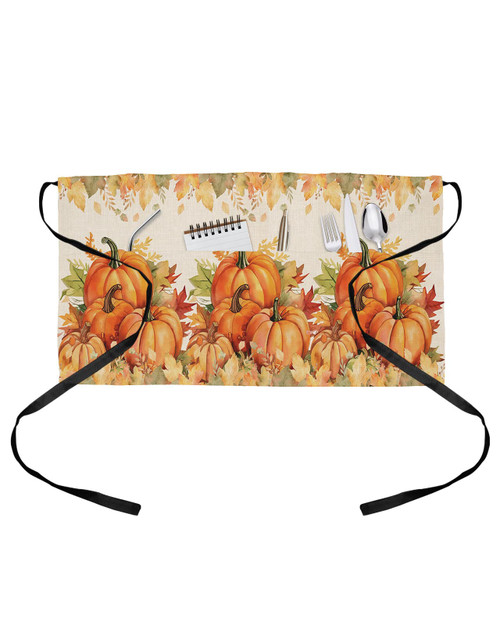 PIEPLE Fall Pumpkins Server Apron Waitress Aprons with 3 Pockets, Half Waist Waiter Aprons Restaurant Chef Aprons for Women Men