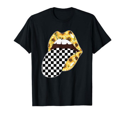 Checkerboard Sunflower Lips Checkered Tongue Out T-Shirt