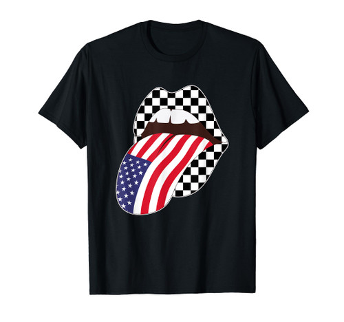 Checkerboard USA American Flag Tongue Out Checkered Lips T-Shirt