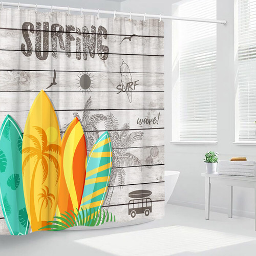 Beach Shower Curtains, Rustic Teal Wooden Plank Colorful Surfboards Tropical Palm Tree Seagull Hawaii Surfing Ocean Summer Holiday for Boys Men Polyester Fabric Bathroom Decor Curtain with Hooks