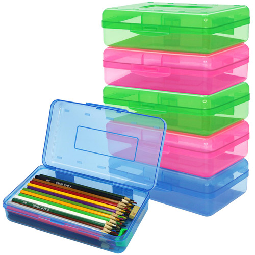 Tuzuaol 6 Pack Large Plastic Pencil Boxes Case Bulk Assorted Colors Capacity Pencil Box Clear Pencil Case With Lid Snap Closure for School Supplies