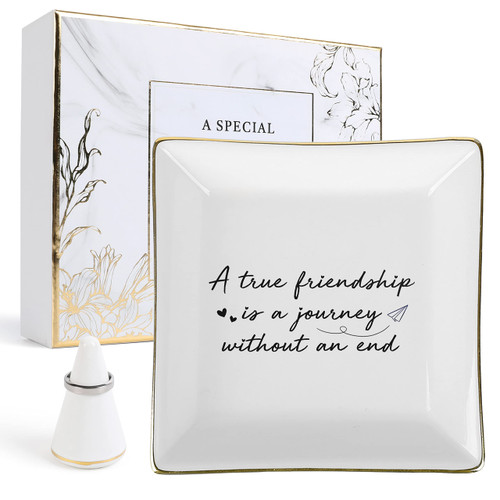 JAUVIE A True Friendship is a Journey Without an end Ceramic Trinket Tray, Jewelry Dish - Birthday Gifts for Friends Female - Women Ring Holder, Jewelry Tray for Friend, Long Distance Friendship Gifts