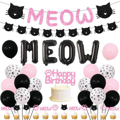 54Pcs Cat Birthday Party Decoration - Meow Cat Banner Black MEOW Foil Balloon MEOW Latex Balloons Happy Birthday Cake Topper Kitten Cake Cupcake Toppers for Cat Themed Birthday Party Supplies 54Pcs Cat Birthday Party Decoration - Meow Cat Banner Black MEOW Foil Balloon MEOW Latex Balloons Happy Birthday Cake Topper Kitten Cake Cupcake Toppers for Cat Themed Birthday Party Supplies