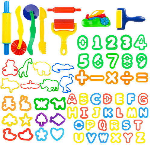 Pecopcock Play Dough Tools Set for Kids 69Pcs Dough Accessories Letter Molds, Rollers and Cutters, Numeral Molds Various Plastic Animal Molds and Art Clay Tools for Creative Dough Cutting