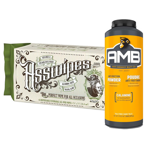 Fresh Body FB Anti Monkey Butt and Asswipes Bundle: Anti-Monkey Powder, 8oz with Calamine and Asswipes Flushable Wipes with Aloe and Vitamin E
