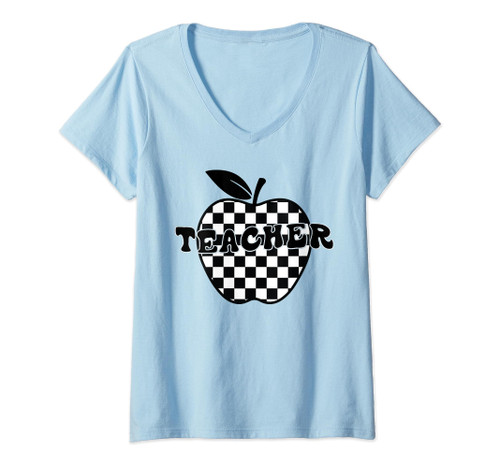 Back To School Checkered Apple Teacher Checkerboard teacher V-Neck T-Shirt