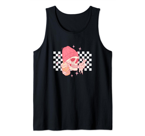 Skeleton Peace Sign Coffee Checkerboard Coffee Checker Tank Top