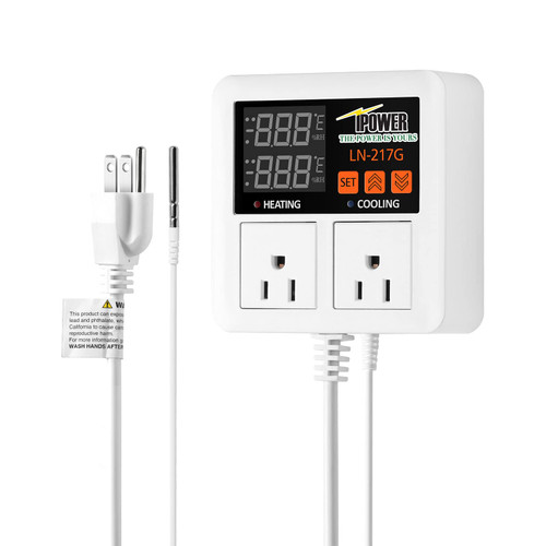 iPower GLCTRLHEATCOOL10 Professional Digital Heating and Cooling Thermostat Controller for Seed Germination, Reptiles and Brewing Breeding Fermenter Greenhouse, Grow Tent, 1200W-White, White