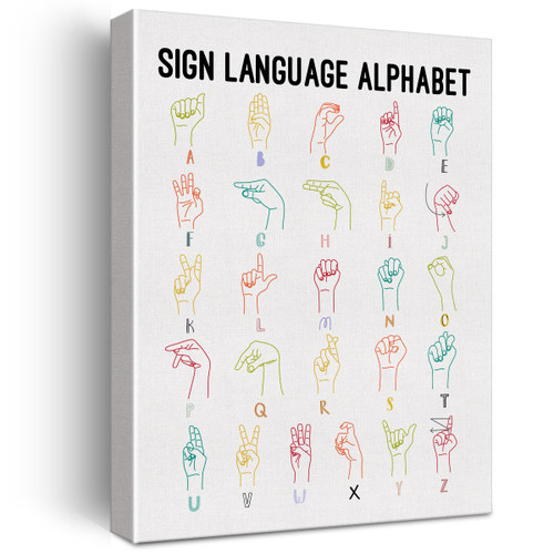American Sign Language Wall Art Canvas Painting Print Framed ASL Alphabet Canvas Sign for Homeschool Classroom Decor (12x15 Inch)
