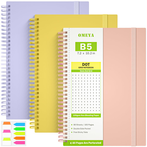 3 Pack Dotted Journal Notebook, 3 Subject Spiral Notebook with Pockets, B5 Bullet Journals,480 Perforated Pages 100gsm Thick Dotted Paper, Dot Journal Notebook for School Supplies Office, 7.48" x 10"