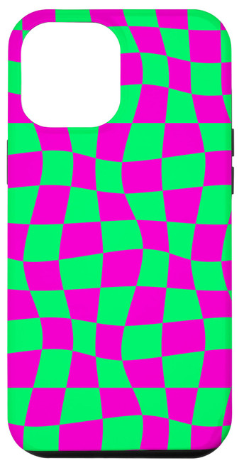 iPhone 14 Pro Max Pink and Green Wavy Checkered Checker Checkerboard 80s Case