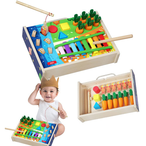 Montessori Wooden 4 in 1 Hammering Pounding Toys for Toddlers Age 3-5Year Old Multifunctional Game Box with Xylophone,Shape Sorting,Magnetic Fishing,Carrots Harvest Game Educational Learning Toys