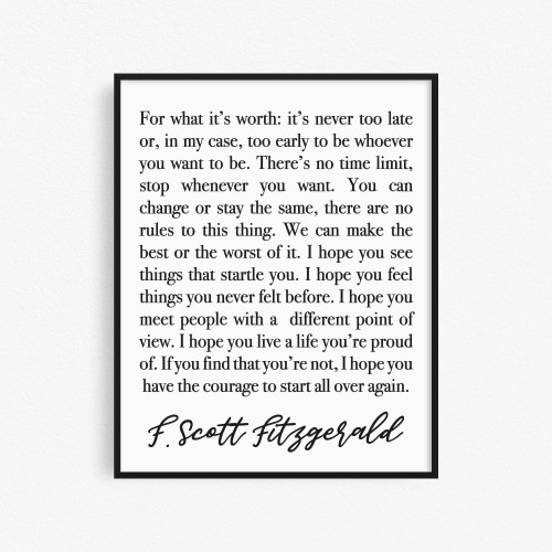 For What It's Worth - F. Scott Fitzgerald - Wall Decor Poster - 12x16 inch Unframed Print