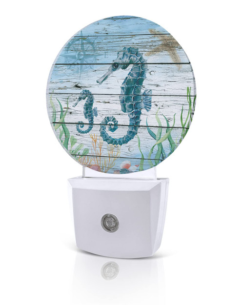 ILYBEEN Ocean Theme Seahorse Coral Compass LED Night Lights Plug-in Nightlight with Auto Dusk to Dawn Sensor,Marine Nautical on Wood Barn Round Lamp for Bedroom,Hallway,Bathroom