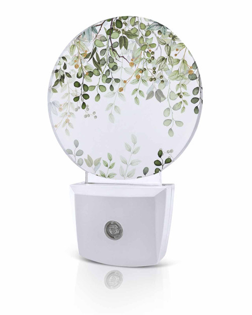ILYBEEN Watercolor Botanical Green Leaves LED Night Lights Plug-in Nightlight with Auto Dusk to Dawn Sensor,Abstract Foliage on White Round Lamp for Bedroom,Hallway,Bathroom