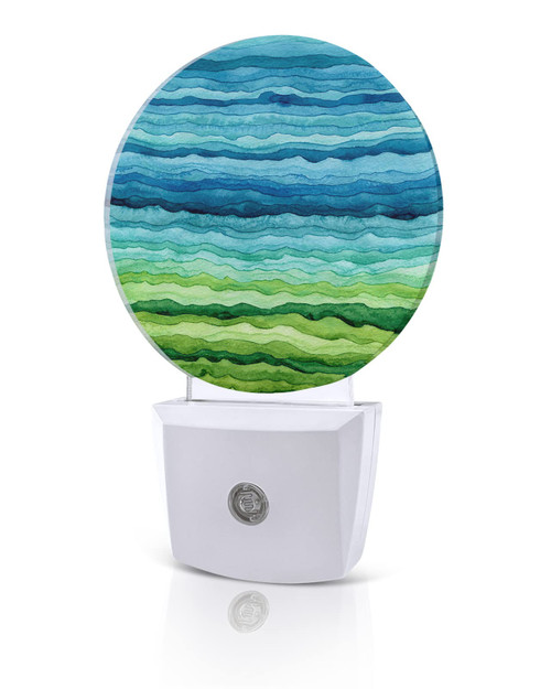 ILYBEEN Watercolor Green and Blue Ombre LED Night Lights Plug-in Nightlight with Auto Dusk to Dawn Sensor,Modern Abstract Sea Wave Round Lamp for Bedroom,Hallway,Bathroom