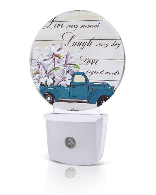 ILYBEEN Magnolia Flower on Blue Farm Truck LED Night Lights Plug-in Nightlight with Auto Dusk to Dawn Sensor,Life Quote on Wood Plank Round Lamp for Bedroom,Hallway,Bathroom