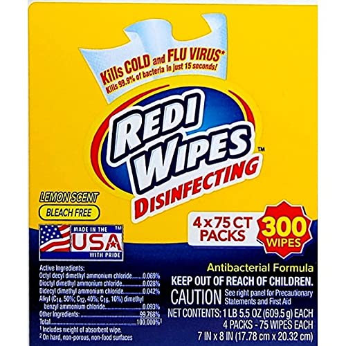 REDI Wipes DISINFECTING I Lemon Scent I Bleach Free I ANITBACTERIAL Formula I 4 X 75CT Packs (300 Wipes) I Made in The USA