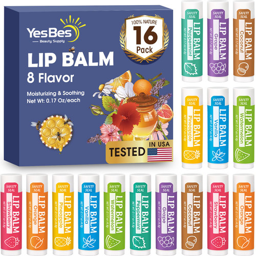 YesBes 16 Pack Lip Balm, Natural Lip Balm Bulk with Vitamin E and Coconut Oil, Moisturizing Lip Balm for Dry Cracked Lips, Lip Balm for Stocking Stuffers - 8 Flavors YesBes 16 Pack Lip Balm, Natural Lip Balm Bulk with Vitamin E and Coconut Oil, Moisturizing Lip Balm for Dry Cracked Lips, Lip Balm for Stocking Stuffers - 8 Flavors
