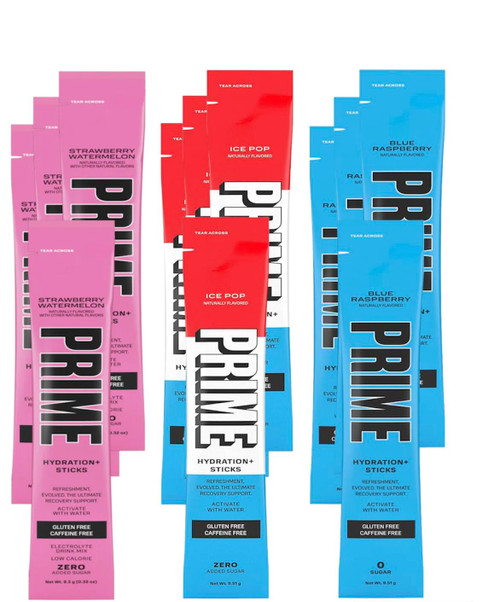Prime Hydration+ Sticks Variety Pack - ICE POP, BLUE RASPBERRY, STRAWBERRY WATERMELON | Electrolyte Drink Mix | Easy Open Single-Serving Sticks | Caffeine Free| Gluten Free | Prime Hydration Drink Sticks (9 Count Assortment) Prime Hydration+ Sticks Variety Pack - ICE POP, BLUE RASPBERRY, STRAWBERRY WATERMELON | Electrolyte Drink Mix | Easy Open Single-Serving Sticks | Caffeine Free| Gluten Free | Prime Hydration Drink Sticks (9 Count Assortment)