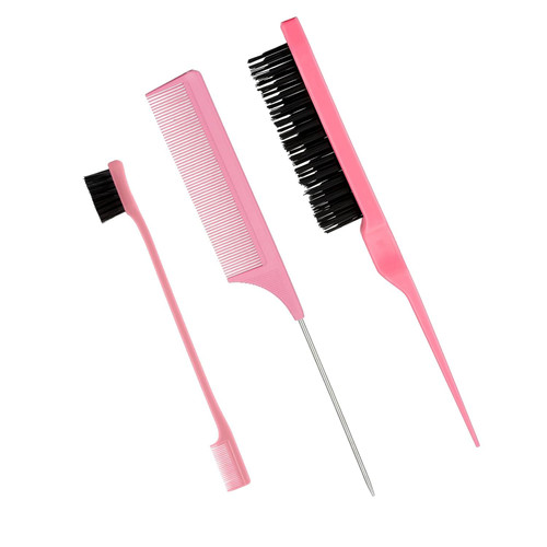 3 Pcs Hair Brush Styling Combs Set, Teasing Hair Brush Rat Tail Comb Edge Brush Bristle Hair Edge Brush Edge Control Brush Teasing Comb for Women Girls Men Baby Kids' Combing (Pink)