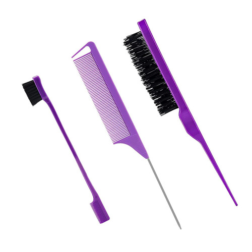 3 Pcs Hair Brush Styling Combs Set, Teasing Hair Brush Rat Tail Comb Edge Brush Bristle Hair Edge Brush Edge Control Brush Teasing Comb for Women Girls Men Baby Kids' Combing (Purple)