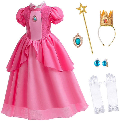 Princess Peach costume for Little Girl's Dress Up with Crown Gloves Wand Earrings - Princess Peach Dress for Kids 3T 4T