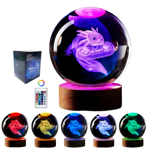 ChickenEggLamp 3D Axolotl Crystal Ball lamp,3.15 inch Glass Ball Axolotl Light,16 Colors Change with Remote Control,Gamepad Axolotl lamp with Wooden Base,Axolotl Night Light Gift (A)