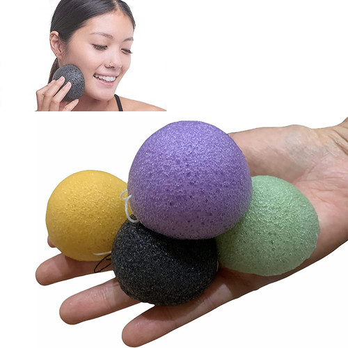 Facial Konjac Sponge - Face Scrubber for Gentle Face Cleansing and Exfoliation with Turme-RIC, Laven-der, Aloe Ve-ra and Activated Char-Coal, 4pcs
