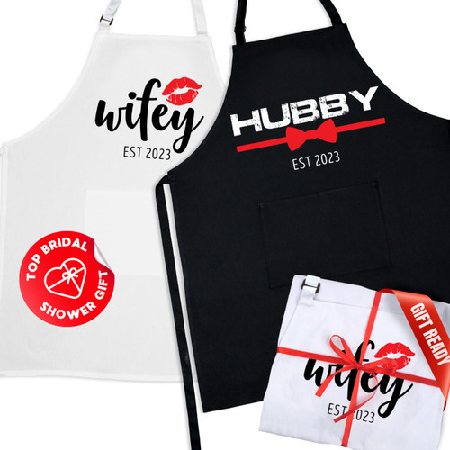 Prazoli Products Mr Mrs Apron Set - Engagement Gifts, Wedding & Bridal Shower Gifts for Couple (Hubby & Wifey Est: 2023, Standard) Prazoli Products Mr Mrs Apron Set - Engagement Gifts, Wedding & Bridal Shower Gifts for Couple (Hubby & Wifey Est: 2023, Standard)