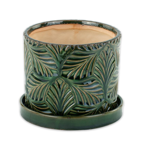 Napco 13429 Leaf Green 4.5 x 4.5 Ceramic Standing Container Garden Planter Pot with Saucer