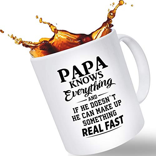 Father's Day Gift Mugs for Dad  Papa Knows Everything Funny Novelty Coffee Mug | Christmas Stocking Stuffer or Birthday Gift for Dad from Daughter, Step-Daughter or Son, Stepson (14oz)
