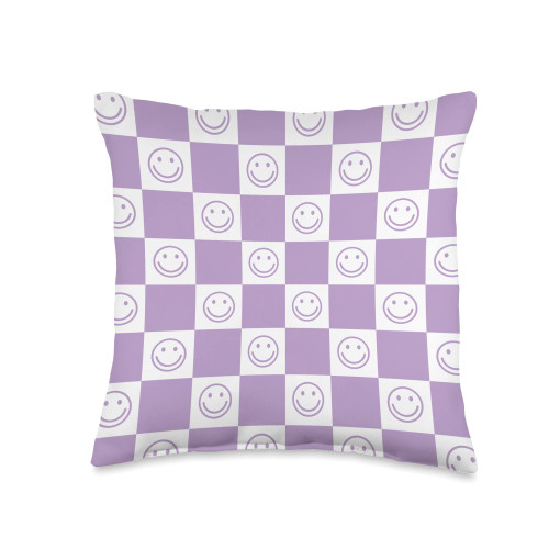 Pastellica Patterns Supply Co. Trendy Purple Checkerboard Smiles Pattern Design on White Throw Pillow, 16x16, Multicolor