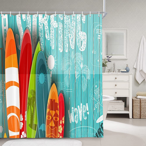 Beach Shower Curtains for Bathroom, Summer Surf Nautical Surfing Surfboard Bathroom Curtains, Tropical Colorful Surfboard in Vintage Style on Teal Wooden Fabric Shower Curtain Set with Hooks, 60X70in