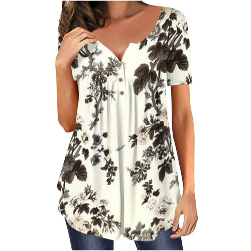 Floral Printed Tunic Tops for Women Short Sleeve Henley Shirts V Neck Button T-Shirts Summer Casual Pleated Blouse Gray