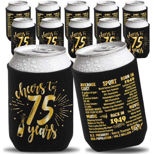 75th Birthday Decorations for Men Women, Vintage - 75th Birthday Party Supplies, 75th Birthday Beverage Can Cooler Sleeves Pack of 12, Vintage 1949 Birthday Beverage Decor- Turning 75