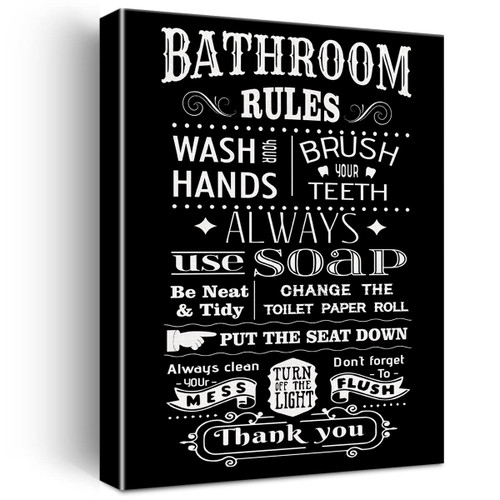 Bathroom Rules Quote Canvas Wall Art Bathroom Wash Hands Canvas Print Painting Toilet WC Wall Decor Framed Gift 12x15 Inch