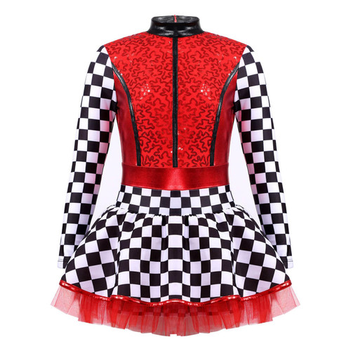 vastwit Kids Girls Shiny Sequins Racer Racing Driver Costume Checkerboard Mock Neck Tutu Dress Red 4 Years