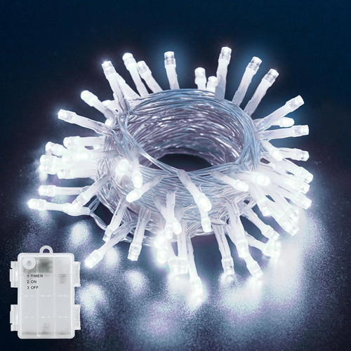 BOLWEO Cool White Fairy Lights Outdoor Waterfroof 10ft 30 LED, Christmas String Lights Battery Opreated with Timer Clear Wire for Indoor & Outdoor Christmas Decorations