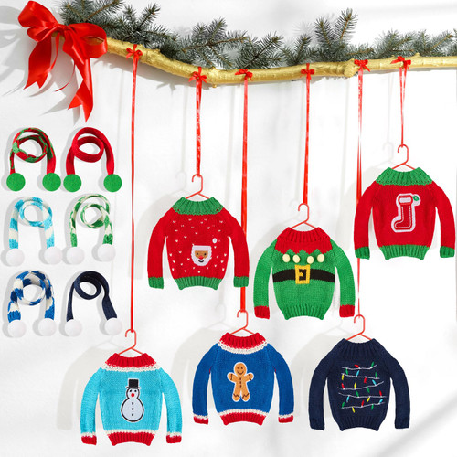 12 Pcs Christmas Elf Doll Clothes Elf Accessories Set, Christmas Elf Sweater Christmas Elf Scarf Elk Snowflake Xmas Tree Print Elf Small Sweater Knitted Clothing Elf Outfit for Doll Decor (Snowman)
