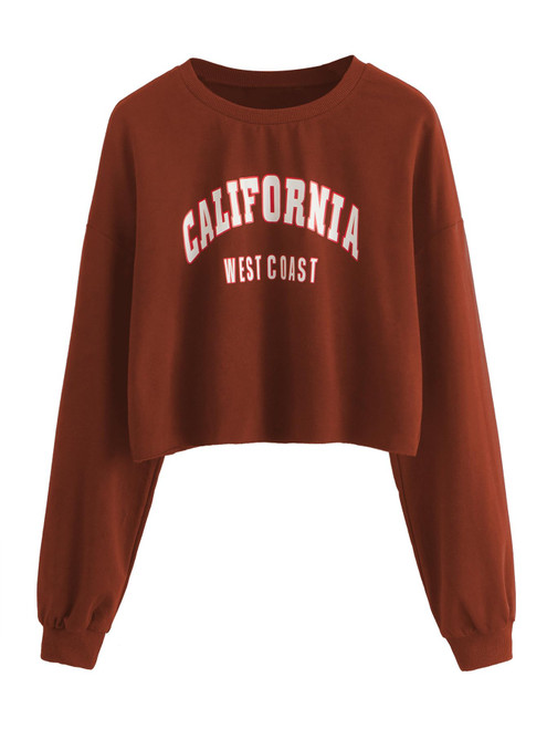 SweatyRocks Women's Casual Long Sleeve Crew Neck Letter Graphic Crop Top Sweatshirts Rust Brown XS