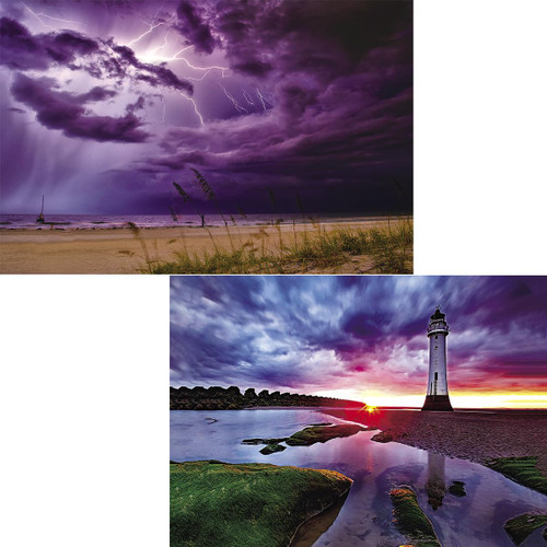 2 Pack 1000 Pieces Sunset Lighthouse & Purple Lightning Puzzle, Talacre Lighthouse UK & Landscapes of Thunder Storm, Jigsaw Puzzles for Adults 1000 Pieces and Up, Beach Puzzle Gifts for Women & Mom