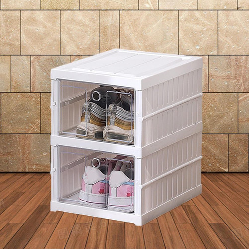 Karida 2-Tier Foldable Shoe Rack Organizer for Closet 2Pairs Plastic Collapsible Shoes Storage Box Clear Shoe Boxes Stackable with Door Easy Assembly Shoe Cabinet Bins with Lids Large