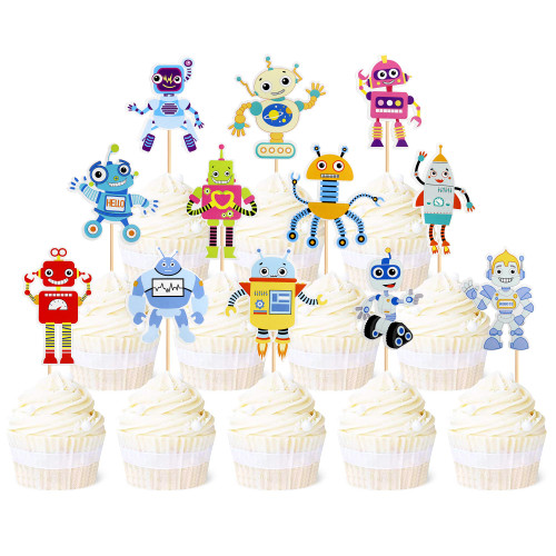 Ercadio 36 Pack Robot Cupcake Toppers Cartoon Robot Cupcake Toppers Picks Robot Gear Cake Decorations for Robot Theme Boys Birthday Baby Shower Party Cake Decoration Supplies
