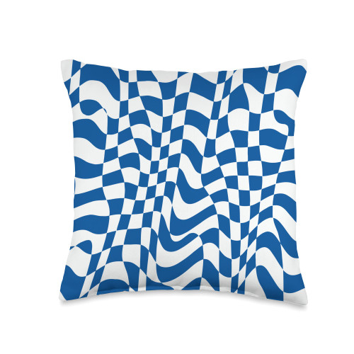 Retro Trippy Funky Checker Groovy 70s Hippie Co. Checkered Wavy Swirl Checkerboard Indie Aesthetic Blue Throw Pillow, 16x16, Multicolor