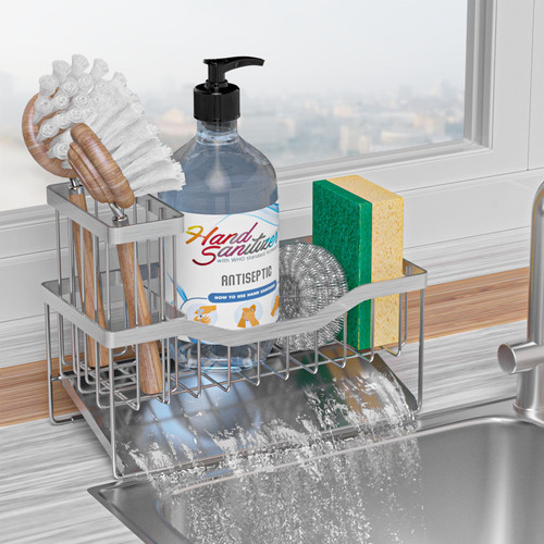 Vanwood Sink Caddy Sponge Holder for Kitchen Sink with High Brush Rack, Kitchen Sink Organizer with Self Drain Tray, Stainless Steel Sink Sponge Caddy for Storage Countertop Soap Dish Dispenser